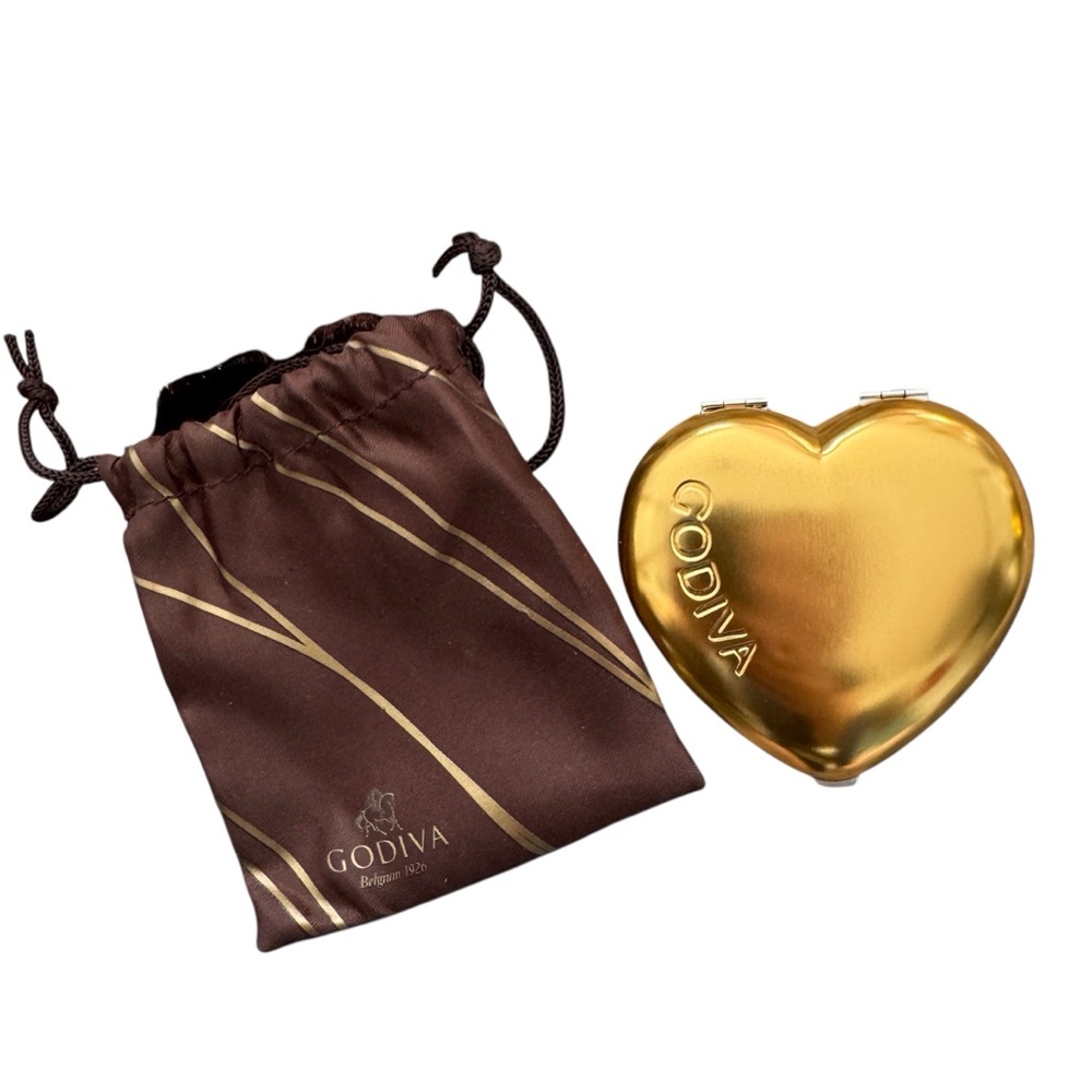Godiva Gold Heart Shaped Compact Mirror with Brown Pouch